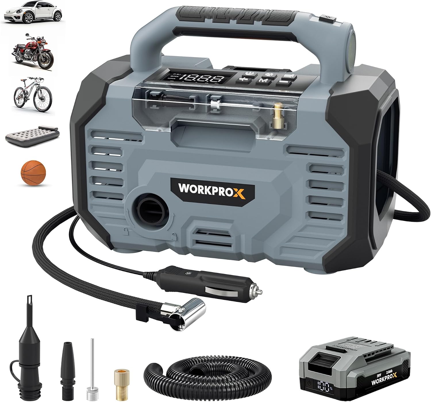 WORKPROX 150PSI Portable Tire Inflator, 12V DC & 20V Battery | Air Compressor & Blower, Auto Shut-Off, Digital Gauge, LED Light, 25-Min Runtime, For Car, Bike, Balls, Mattresses - Image 2