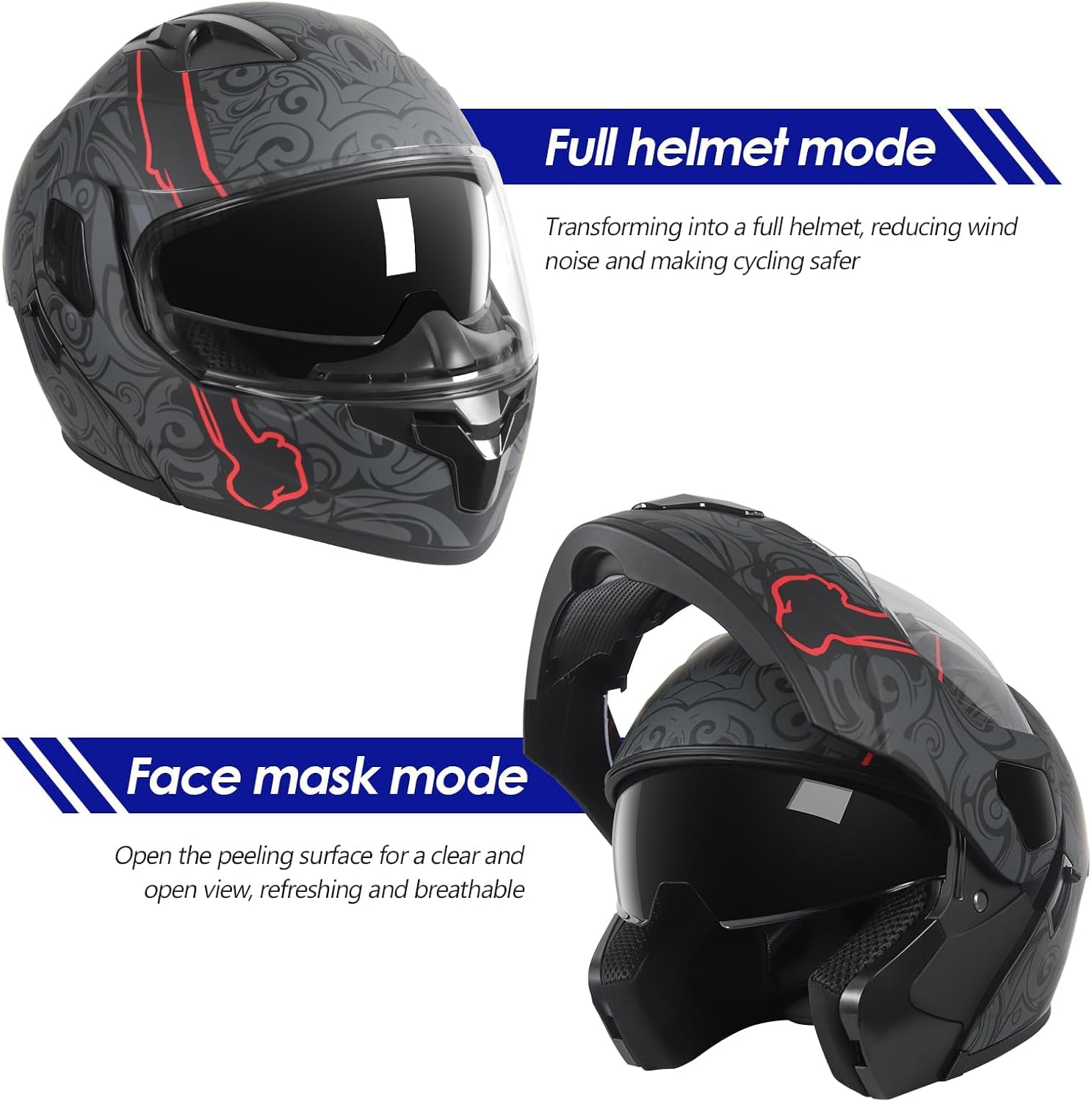 DOT Approved Full Face Modular Flip-Up Dual Visor Motorcycle Helmet for Adult Men Women, Lightweight ABS Shell & Ventilated, Street Bike ATV - Image 3