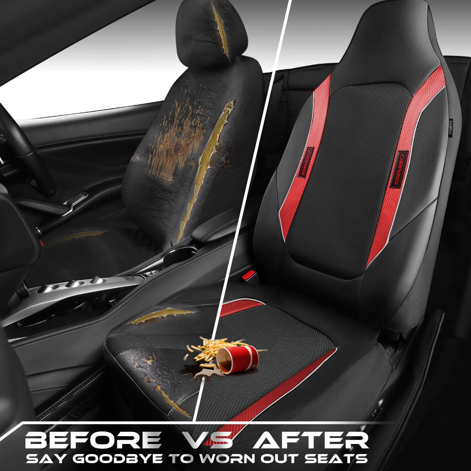 CAR PASS Sporty High Back 3D Oxford Waterproof Car Seat Cover Two Front, Universal Carbon Fiber Leather Bucket Seat Cover All Weather, Airbag Compatible Fit Sports Car SUV Sedan Truck Black Red - Image 8