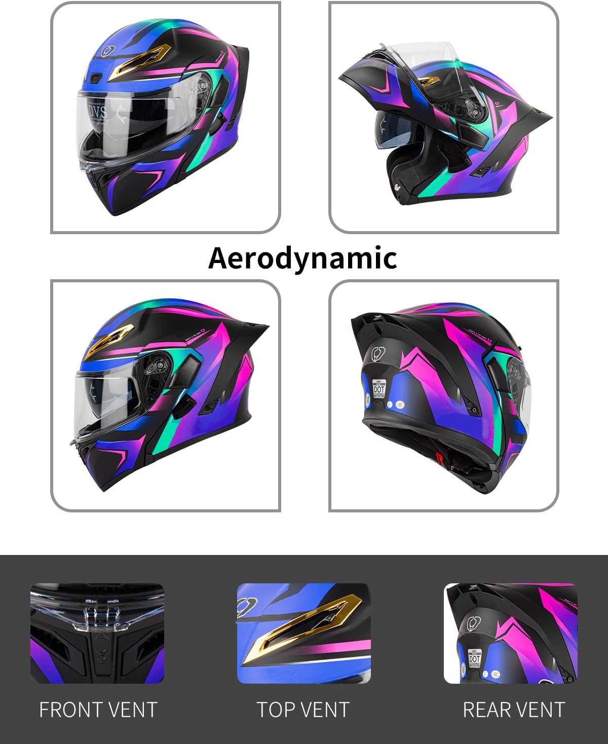 Bluetooth Motorcycle Helmet, Unisex, Dual-Lens Full-face Helmet, Flip-up, Modular Motorcycle Helmet with Bluetooth, DOT Approved - Image 3