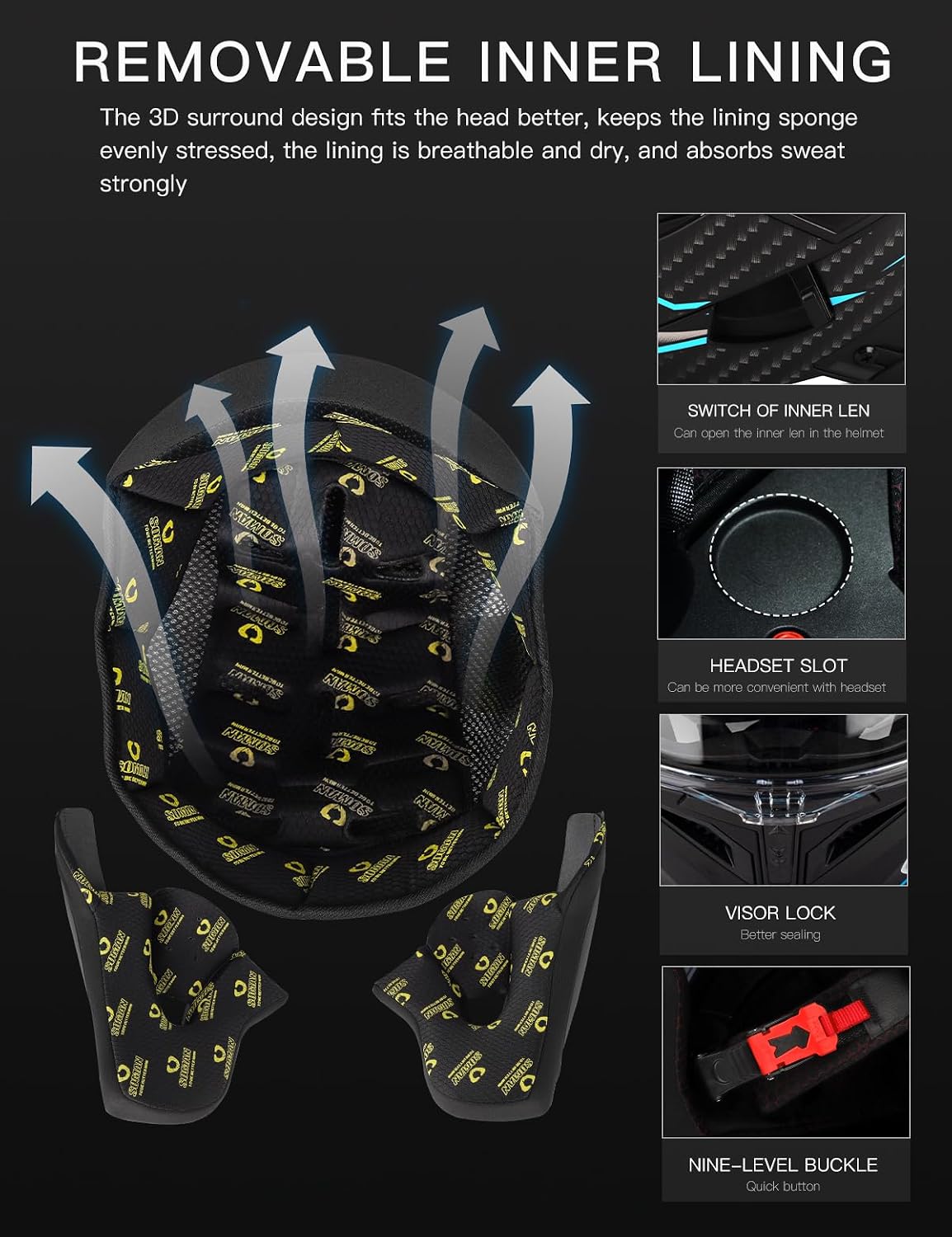 Bluetooth Motorcycle Helmet, Unisex, Dual-Lens Full-face Helmet, Flip-up, Modular Motorcycle Helmet with Bluetooth, DOT Approved - Image 6