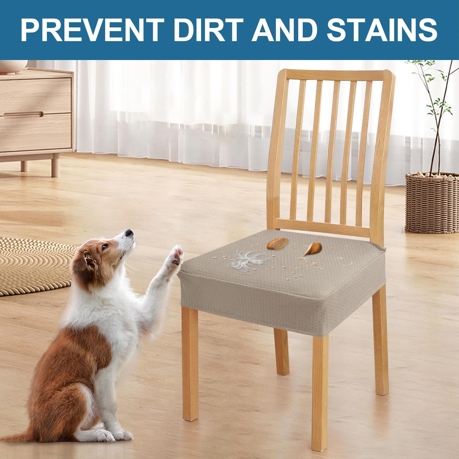 Smiry Waterproof Seat Covers for Dining Room Chairs, No Rear Covers | Stretch Jacquard Removable Washable Chair Seat Slipcovers Protector, Set of 4, Taupe - Image 7