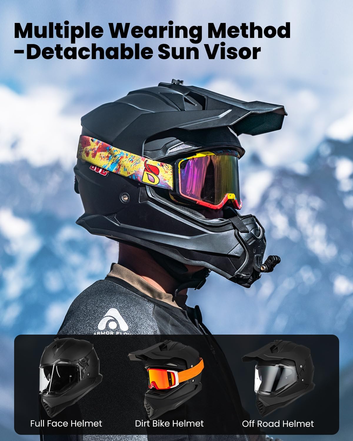 ILM Dual Sport Adventure Motorcycle Helmet with Pinlock Compatible Sun Visor Snowmobile ATV Dirt Bike Off Road Casco Model WS902 (Matte Black, L) - Image 3