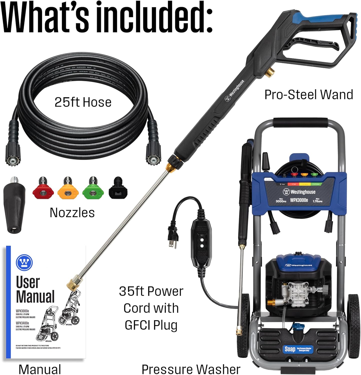 Westinghouse WPX3000e Electric Pressure Washer, 3000 Max PSI and 1.76 Max GPM, Induction Motor, Onboard Soap Tank, Spray Gun and Wand, 5 Nozzle Set, for Cars/Fences/Driveways/Homes/Patios/Furniture - Image 7