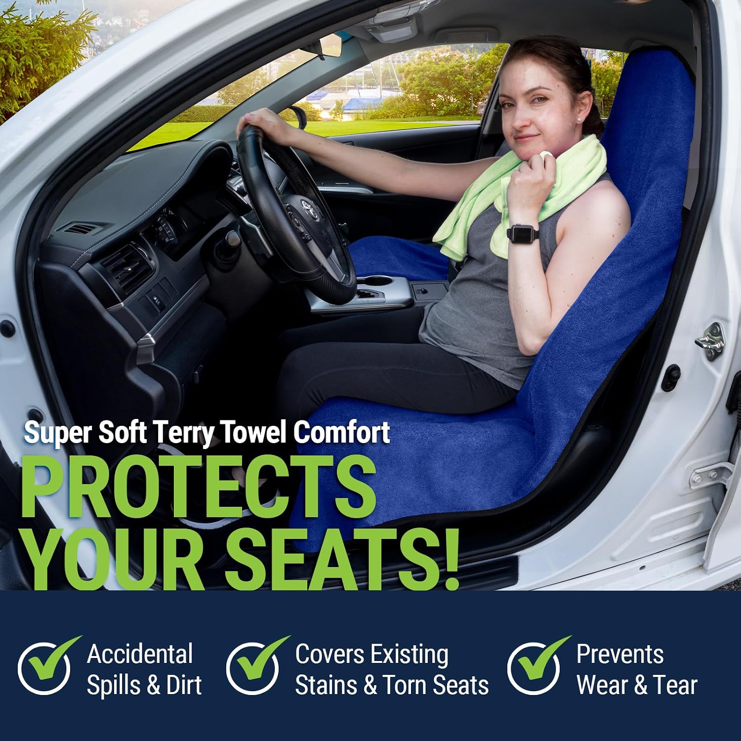 Season Guard Towel Seat Cover, Waterproof Car Seat Protectors for Gym, Workout & Active Lifestyle, Universal Fit for Car SUV Truck Van, Non-Slip 3 Strap Design, Machine Washable, 2 Pack Blue - Image 3