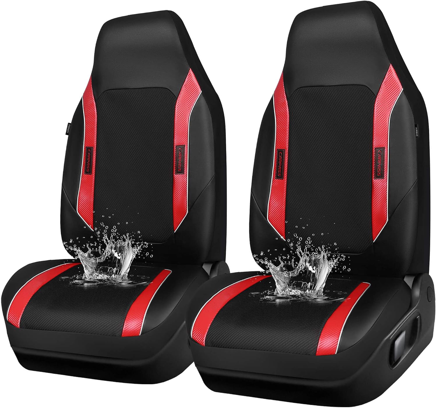 CAR PASS Sporty High Back 3D Oxford Waterproof Car Seat Cover Two Front, Universal Carbon Fiber Leather Bucket Seat Cover All Weather, Airbag Compatible Fit Sports Car SUV Sedan Truck Black Red - Image 2