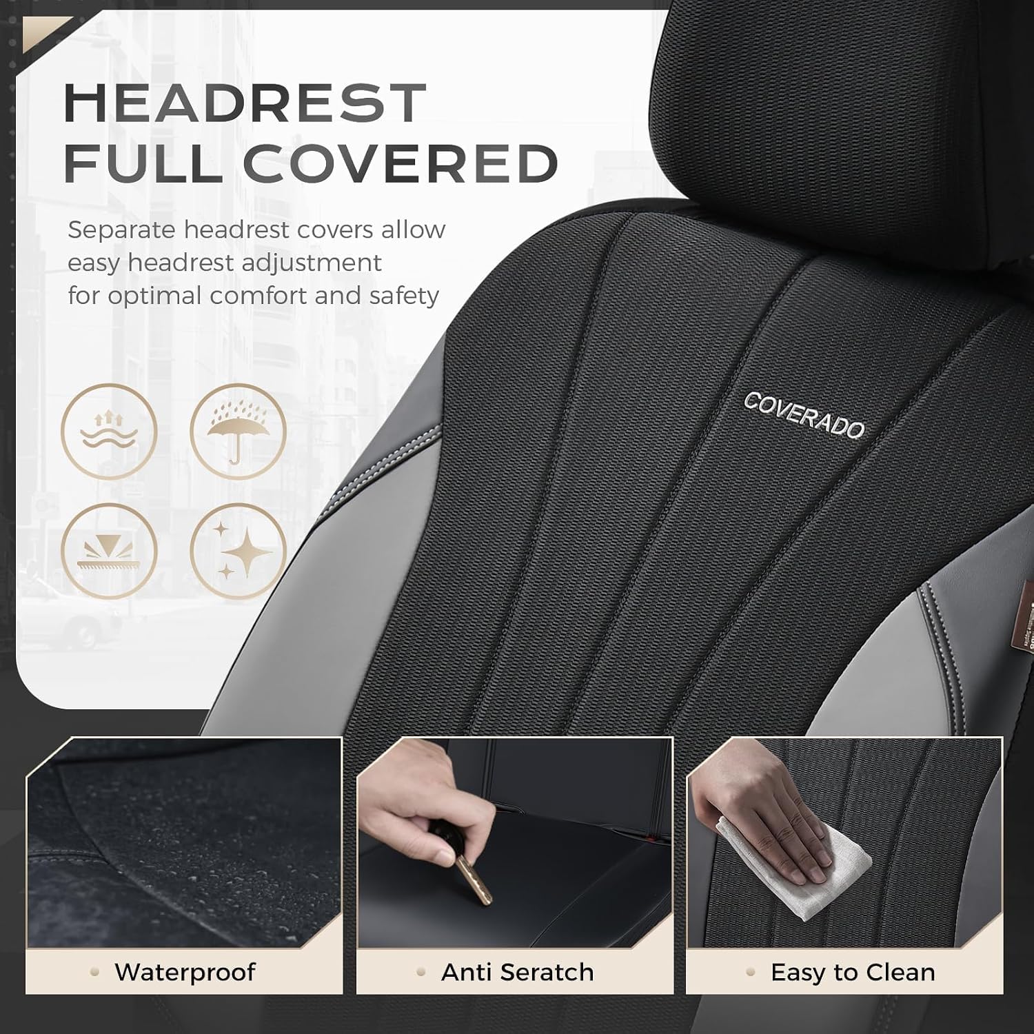 Coverado Automotive Seat Cover Full Set, Front and Rear Seat Covers, Waterproof Leather Seat Covers 5 Seats, Luxury Car Seat Protectors Universal Fit for Most Vehicles, SUV, Truck, Sedan - Image 9