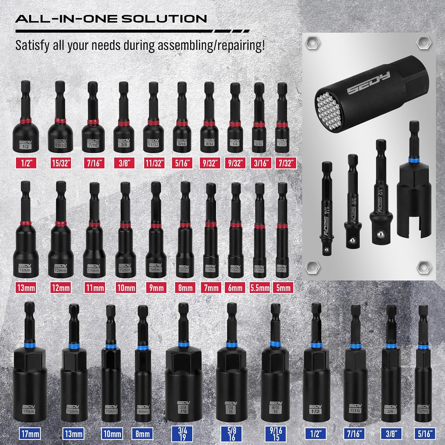 80-Piece Premium Magnetic Impact Nut Driver Set Metric & SAE with Socket Adapters, Bit Holder, Wing Nut Driver, Universal Sockets, Quick Release Extension, Power Bits - Image 3