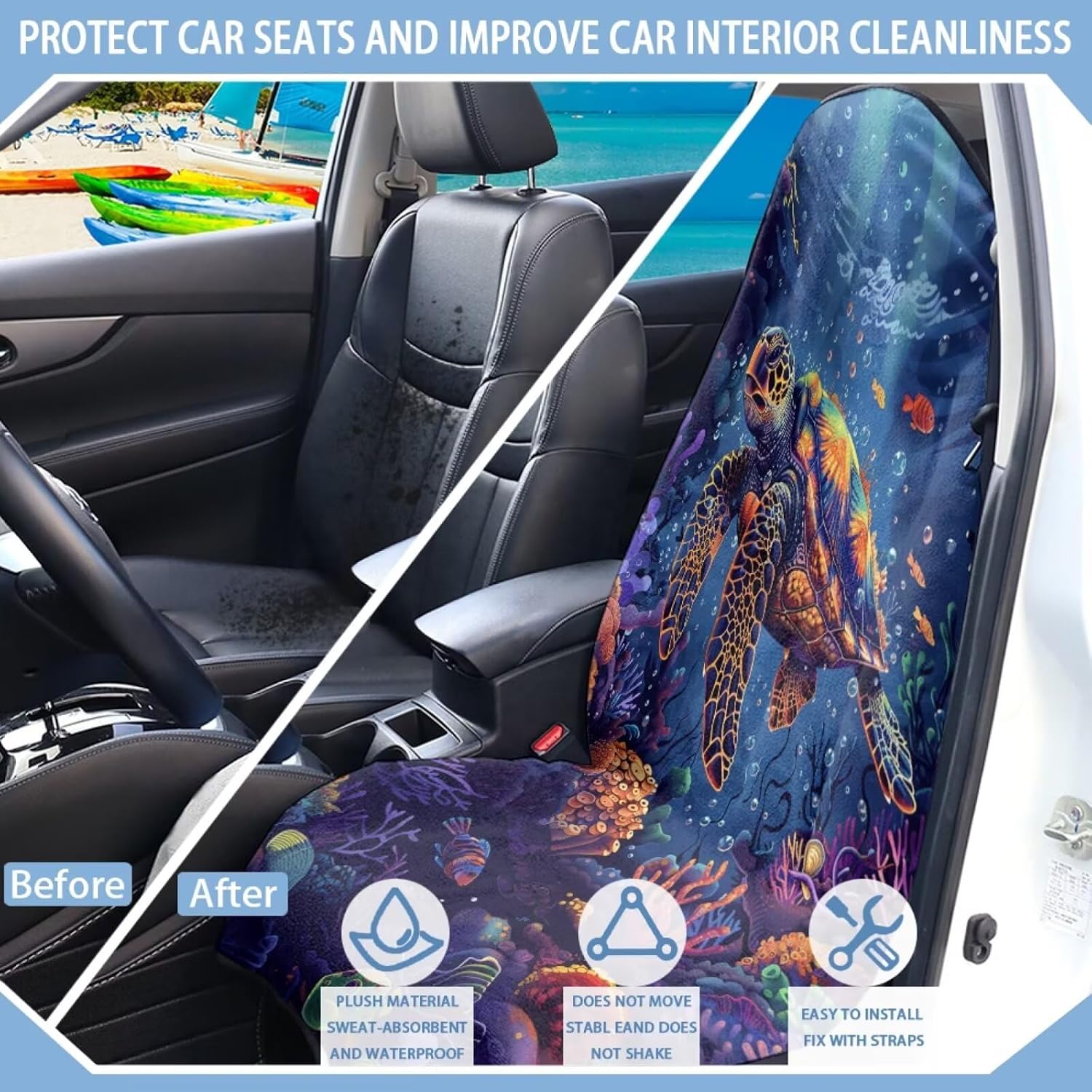 Sea Turtle Print Sweating Car Seat Hoodies,Coral Printed Towel Car Seat Cover for Auto,Waterproof Bucket Towel Automotive Seat Covers Fits Most Car Truck SUV Van - Image 9