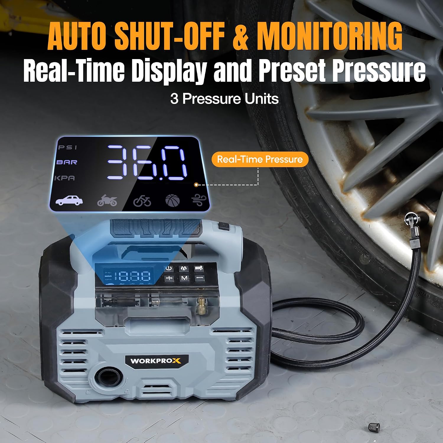 WORKPROX 150PSI Portable Tire Inflator, 12V DC & 20V Battery | Air Compressor & Blower, Auto Shut-Off, Digital Gauge, LED Light, 25-Min Runtime, For Car, Bike, Balls, Mattresses - Image 6