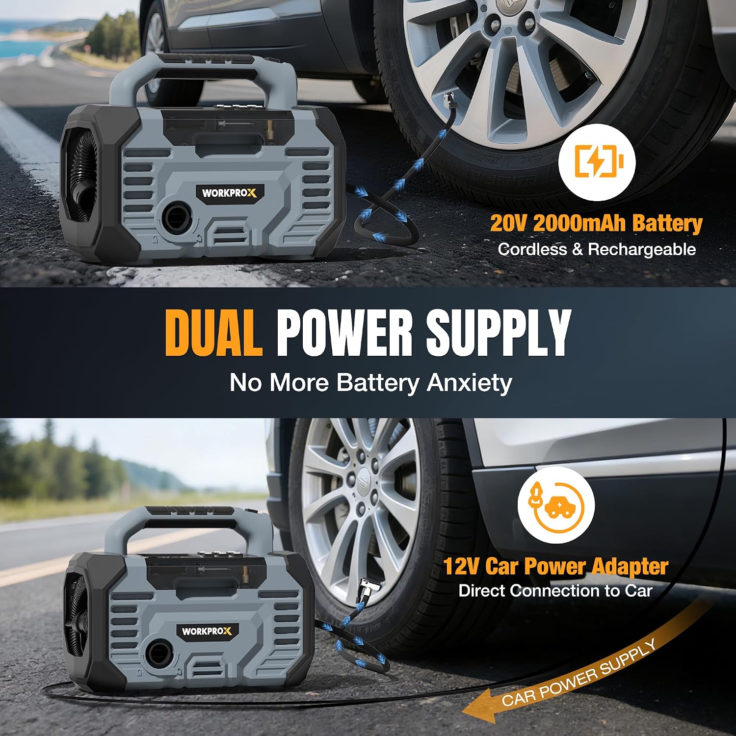 WORKPROX 150PSI Portable Tire Inflator, 12V DC & 20V Battery | Air Compressor & Blower, Auto Shut-Off, Digital Gauge, LED Light, 25-Min Runtime, For Car, Bike, Balls, Mattresses - Image 4