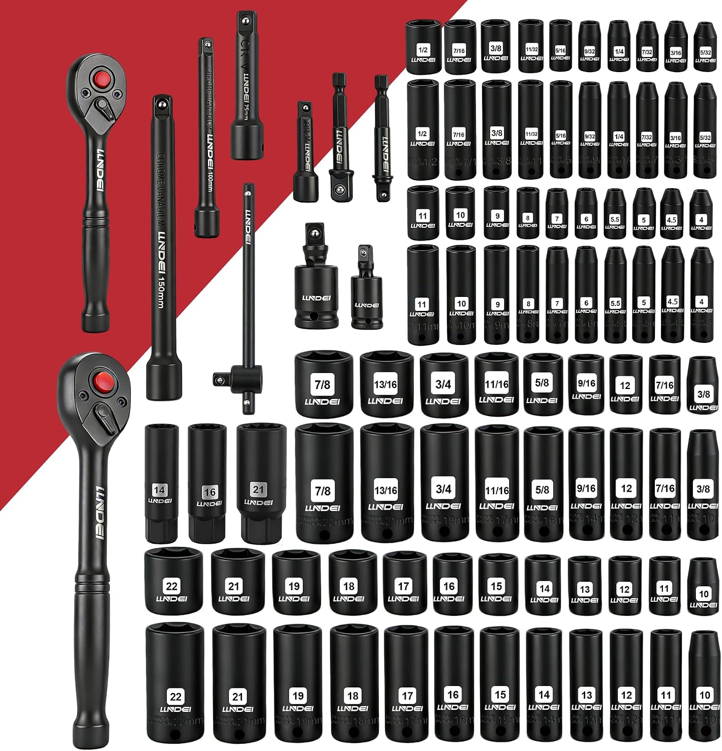 151Pcs Ratchet Wrench Tool Set 1/4" 3/8" Drive Sockets Set | SAE and Metric 6 Point Sockets Set, Mechanic Tool Kit with Bits, Combination Wrench universal joint adapter. - Image 7