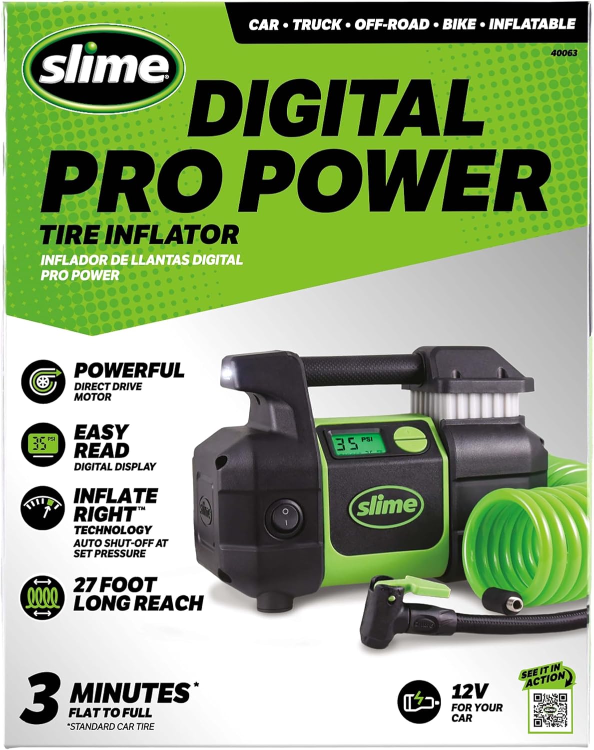 Slime 40063 Tire Inflator, Portable Car, SUV, 4x4 Air Compressor, Elite Heavy Duty, Inflate Right Automatic Shut Off, with Digital 99 psi Display, Long Hose and LED Light, 12V, 3 min Inflation - Image 3