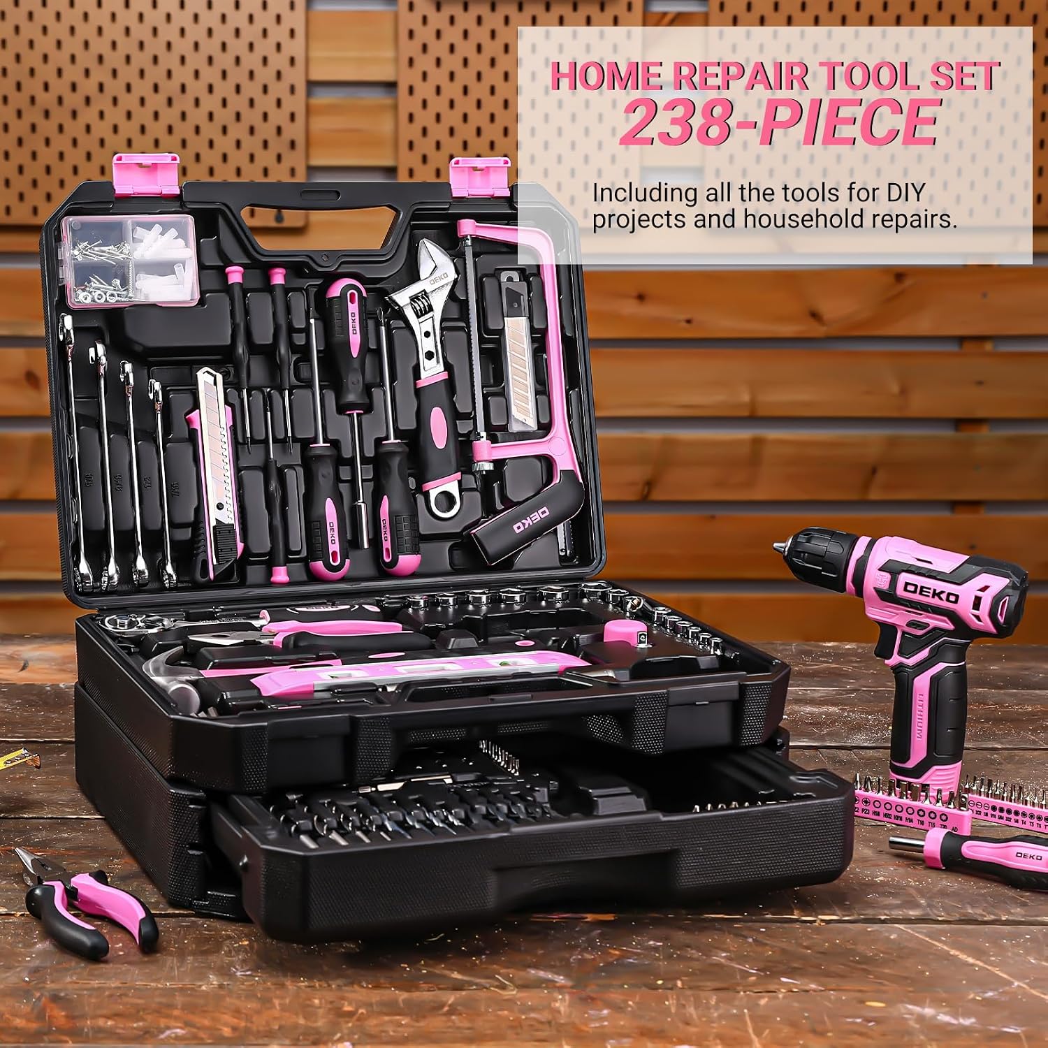 Pink Tool Kit Box Drill Set:DEKOPRO Home Mechanic Toolbox with 12V Power Cordless Drill Hand Repair Tools Sets Combo Kits Storage Organizer Drawer Case for Men & Women - Image 6