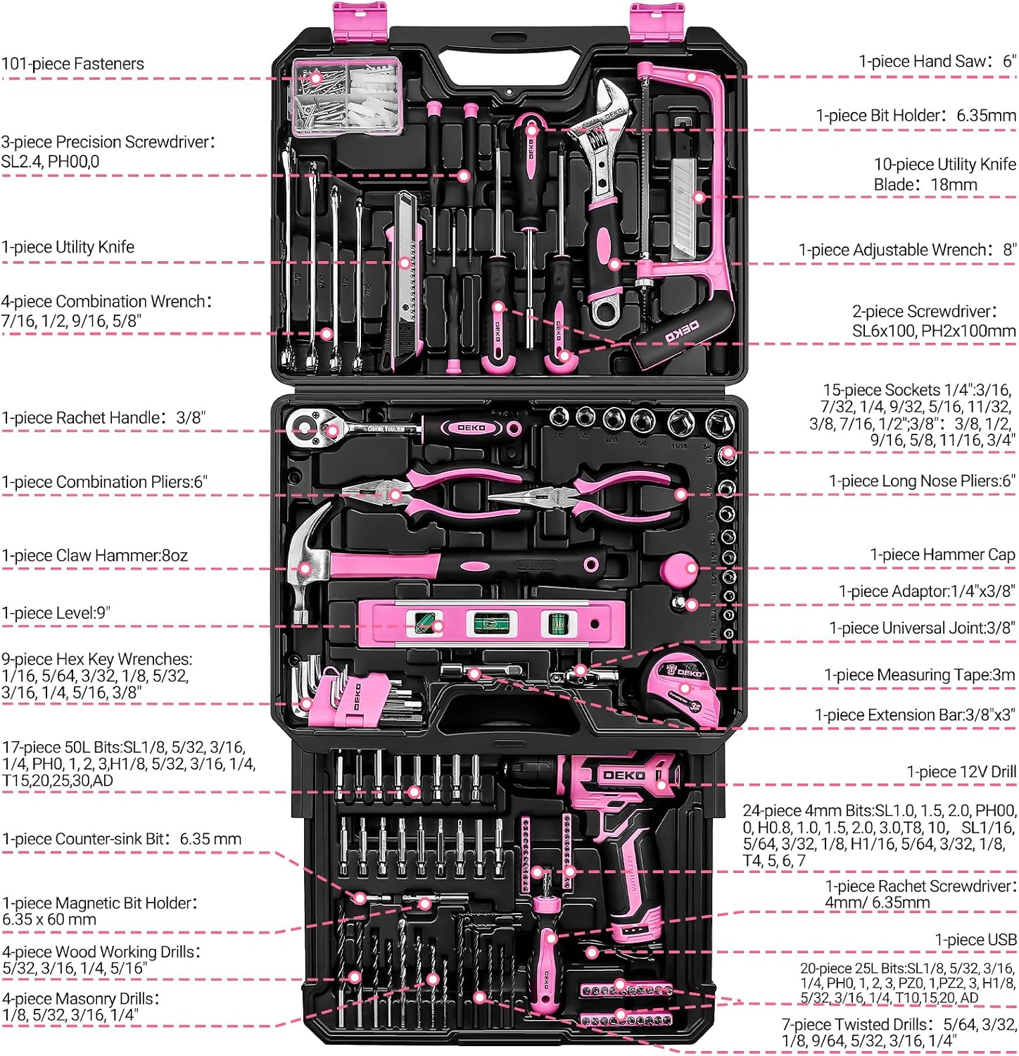 Pink Tool Kit Box Drill Set:DEKOPRO Home Mechanic Toolbox with 12V Power Cordless Drill Hand Repair Tools Sets Combo Kits Storage Organizer Drawer Case for Men & Women - Image 3