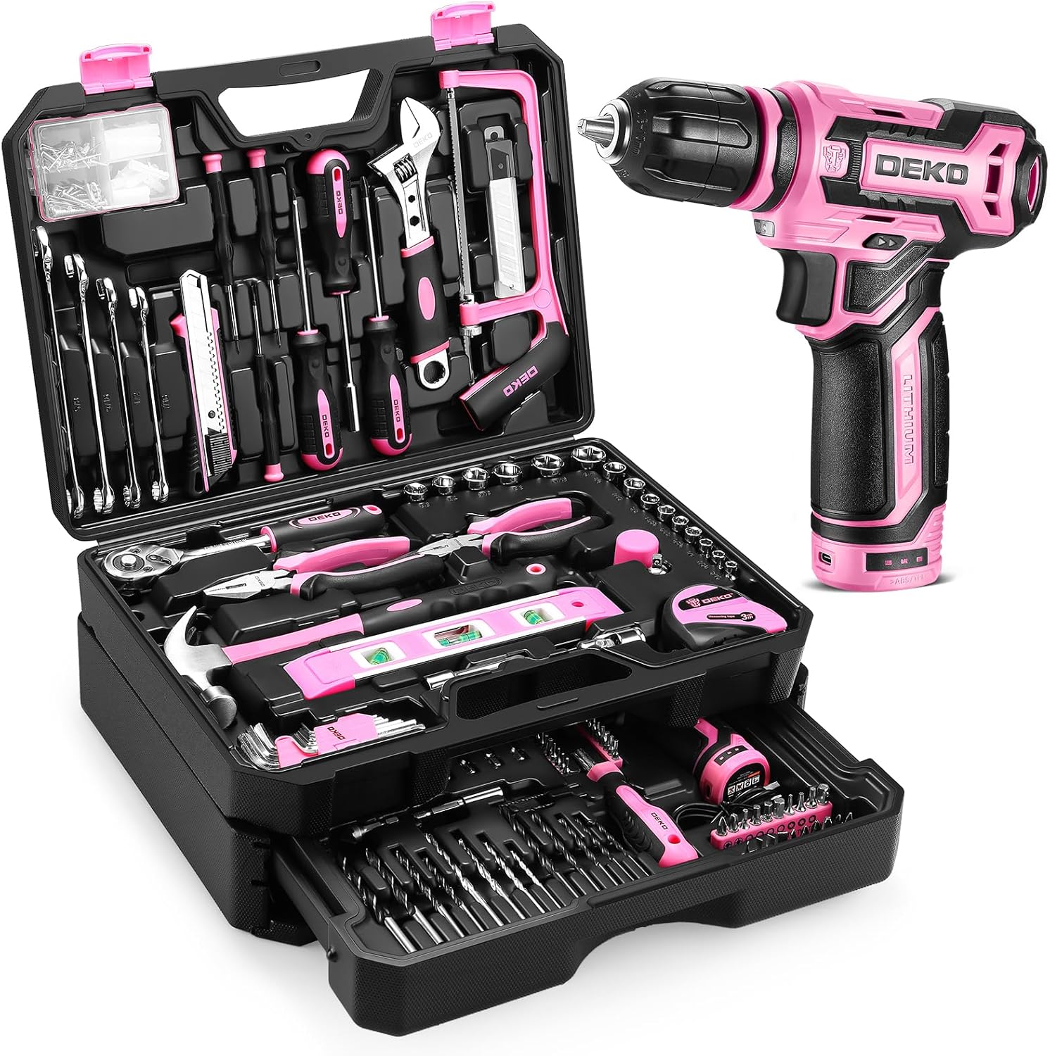 Pink Tool Kit Box Drill Set:DEKOPRO Home Mechanic Toolbox with 12V Power Cordless Drill Hand Repair Tools Sets Combo Kits Storage Organizer Drawer Case for Men & Women - Image 2