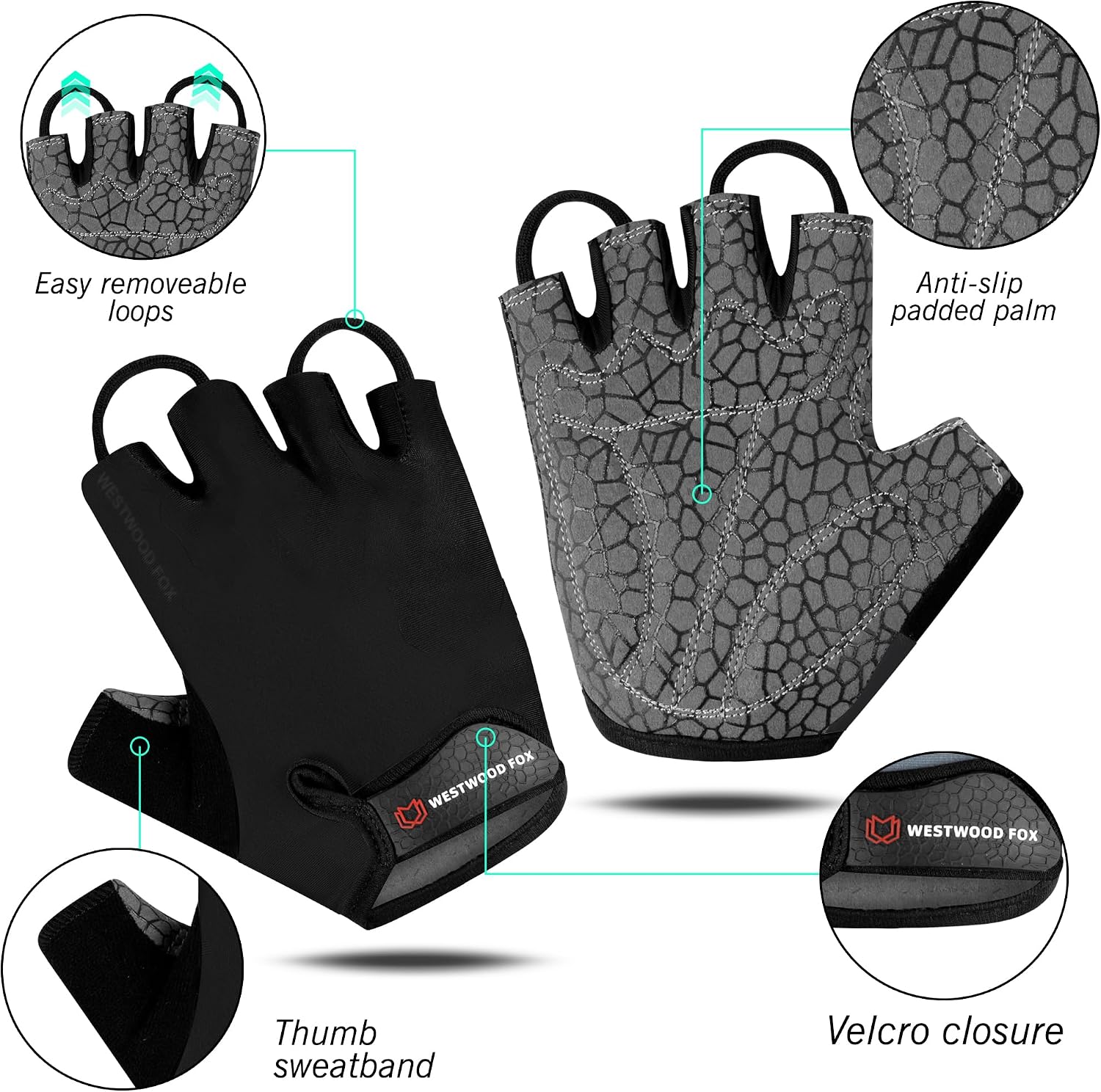 WESTWOOD FOX Cycling Gloves Half Finger Unisex Padded Grips Palm Bicycle Summer MTB Bike Gloves for Men Women Non-Slip Fingerless Short Mountain Bike Sports Hiking Climbing Gym - Image 3