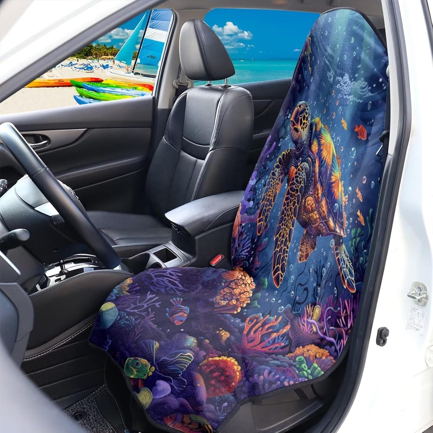 Sea Turtle Print Sweating Car Seat Hoodies,Coral Printed Towel Car Seat Cover for Auto,Waterproof Bucket Towel Automotive Seat Covers Fits Most Car Truck SUV Van - Image 4