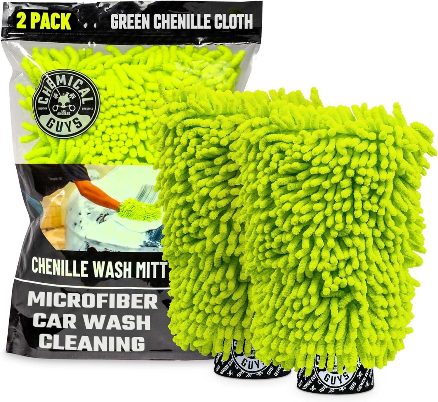 Chemical Guys, Chenille Microfiber Wash Mitt for Cars, Scratch-Free, 2 Pack | Ultra-soft lime green chenille holds thick suds and traps grit, gentle on paint, glass and chrome, machine washable - Image 2