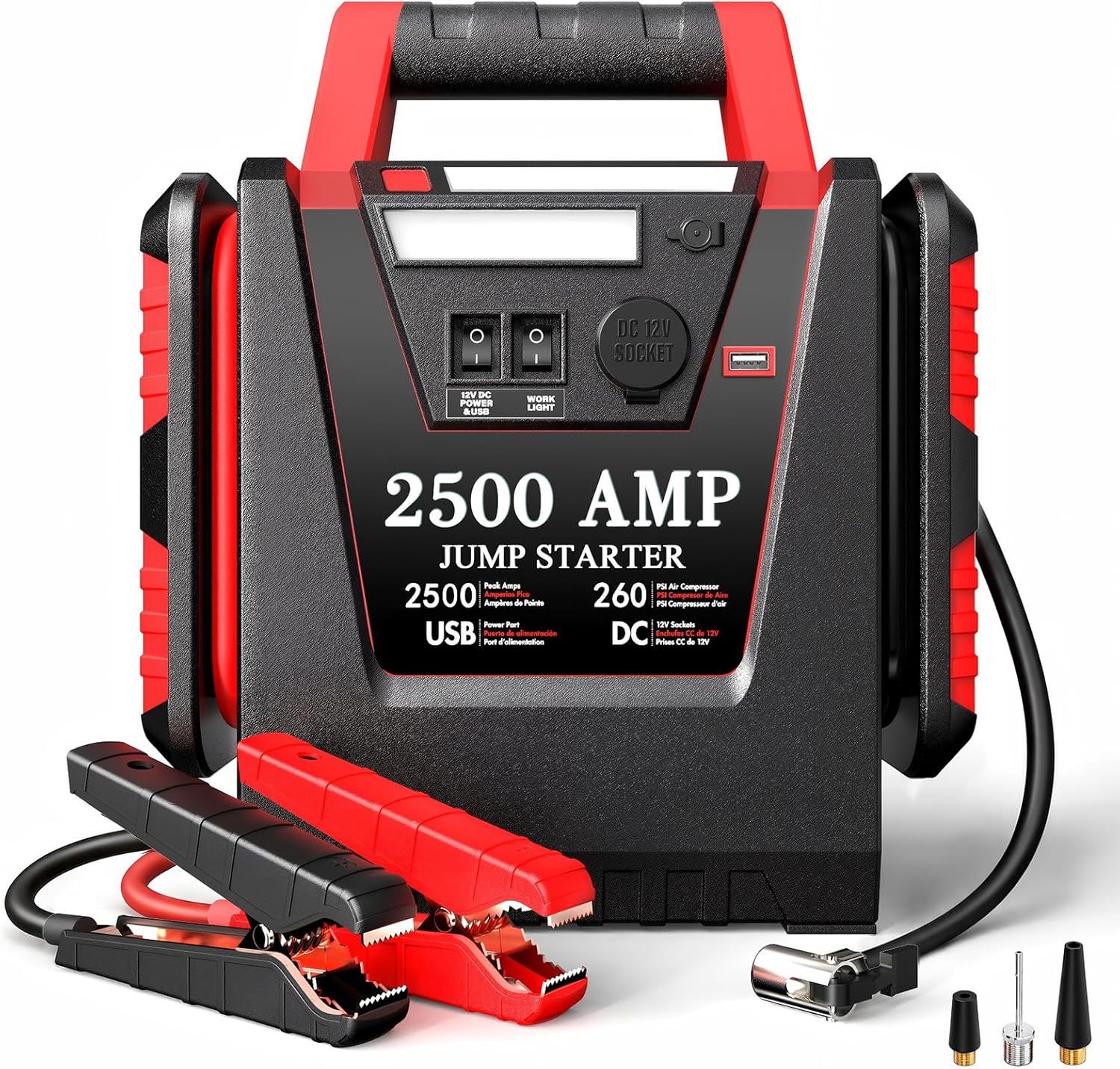 2500A Peak Car Jump Starter with 150PSI Air Compressor, 12V Battery Jump Box for Car, Truck, SUV (Up to 8.0L Gas/Diesel Engines), 20000mAh Portable Power Pack with DC/USB, 500LM Work Light - Image 2