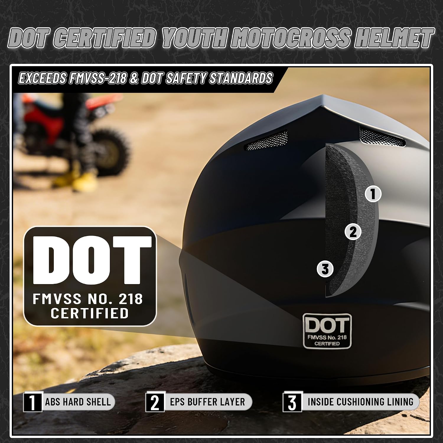 for Kids 4-16 DOT Youth Dirt Bike & ATV Helmet,Full Face Motorcycle Helmet for Four Wheeler, Motocross, BMX. MXUTV, Snowmobile, Go Kart, Racing,Skateboard,( Matte Black,S) - Image 3