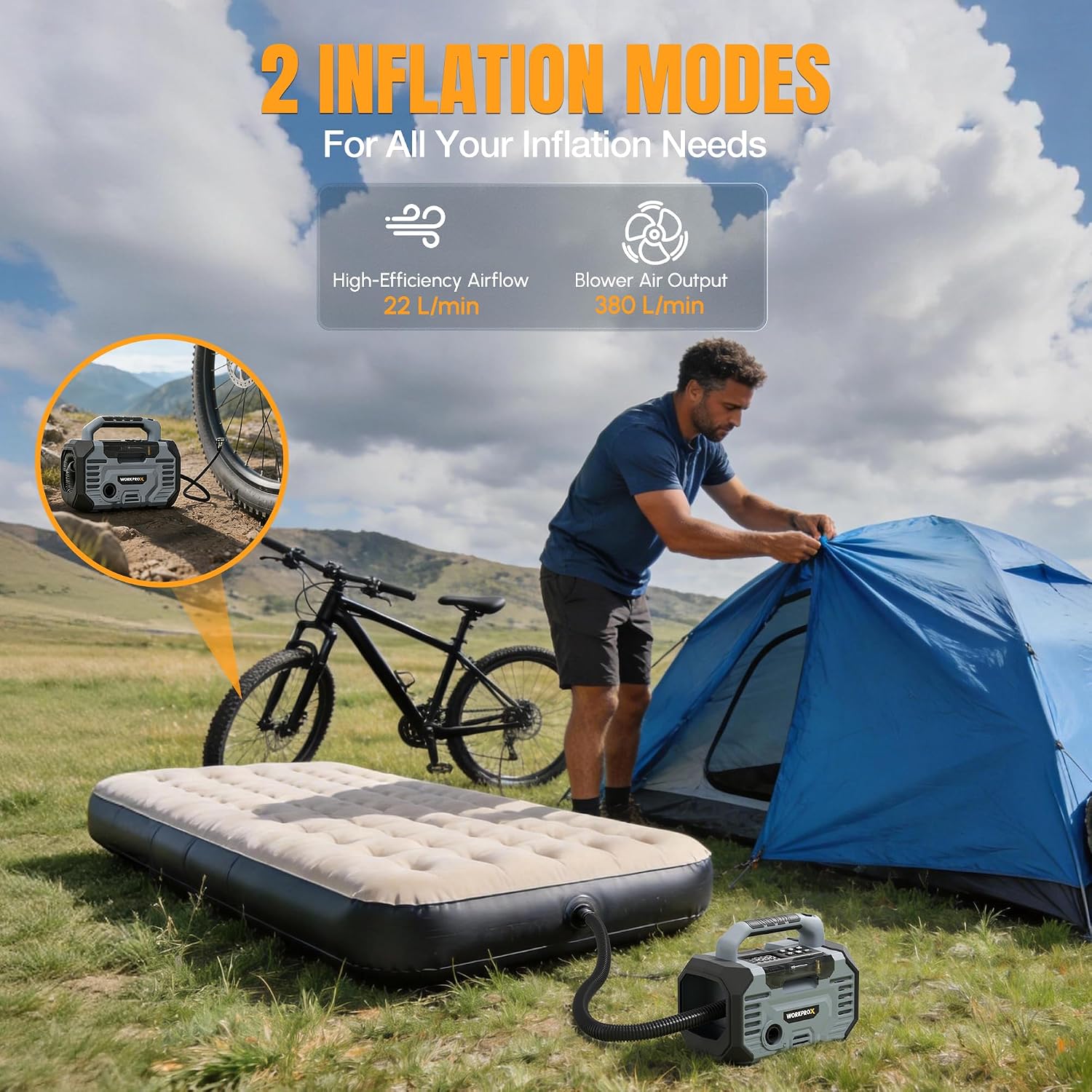 WORKPROX 150PSI Portable Tire Inflator, 12V DC & 20V Battery | Air Compressor & Blower, Auto Shut-Off, Digital Gauge, LED Light, 25-Min Runtime, For Car, Bike, Balls, Mattresses - Image 3