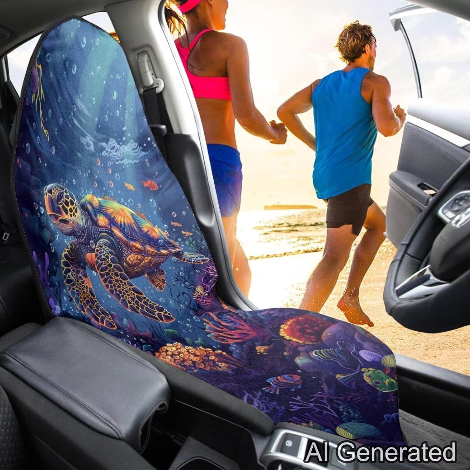 Sea Turtle Print Sweating Car Seat Hoodies,Coral Printed Towel Car Seat Cover for Auto,Waterproof Bucket Towel Automotive Seat Covers Fits Most Car Truck SUV Van - Image 5
