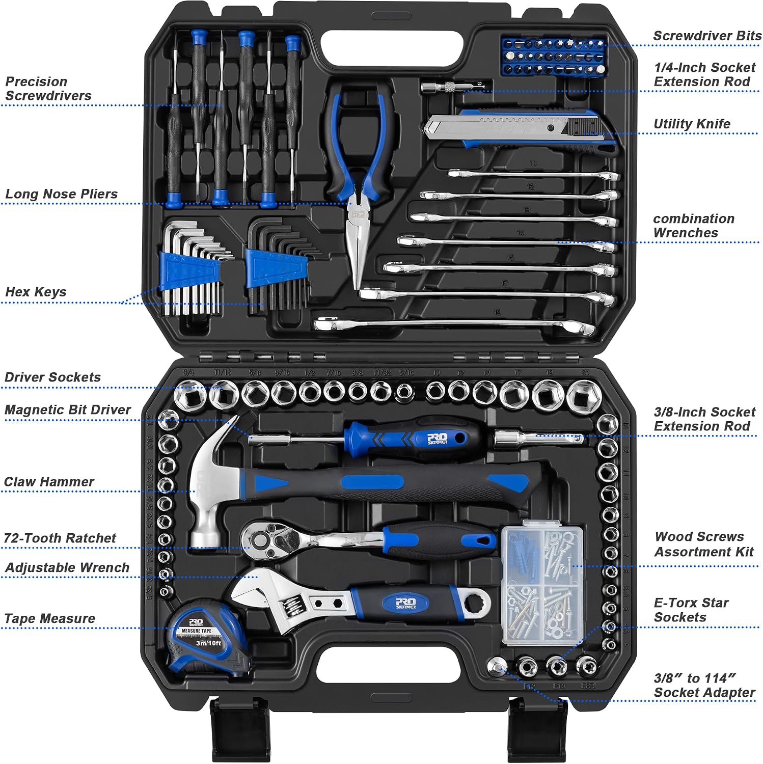 Prostormer 200-Piece Hand Tool Set, General Home and Auto Repair Kit | Assorted Tools with Portable Toolbox for Mechanical Repair, DIY, Home Maintenance - Image 3