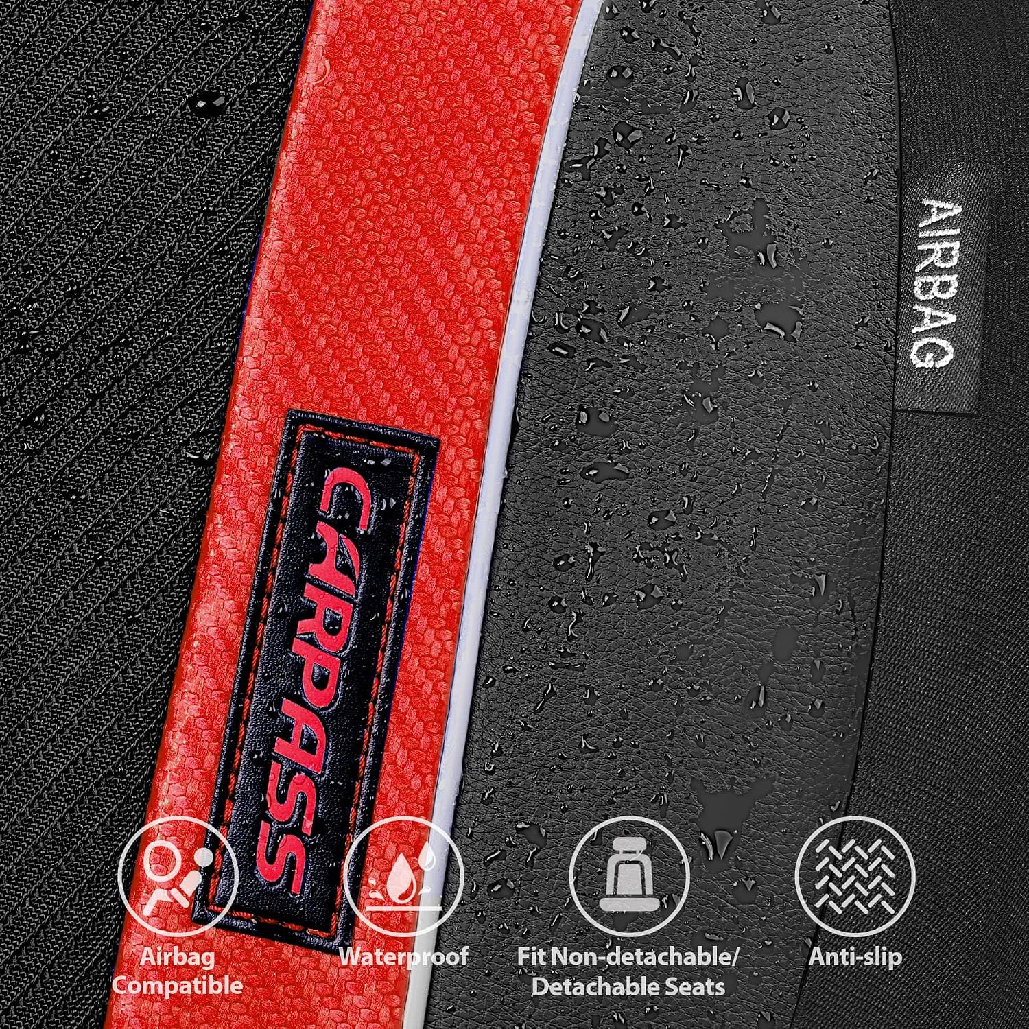 CAR PASS Sporty High Back 3D Oxford Waterproof Car Seat Cover Two Front, Universal Carbon Fiber Leather Bucket Seat Cover All Weather, Airbag Compatible Fit Sports Car SUV Sedan Truck Black Red - Image 5