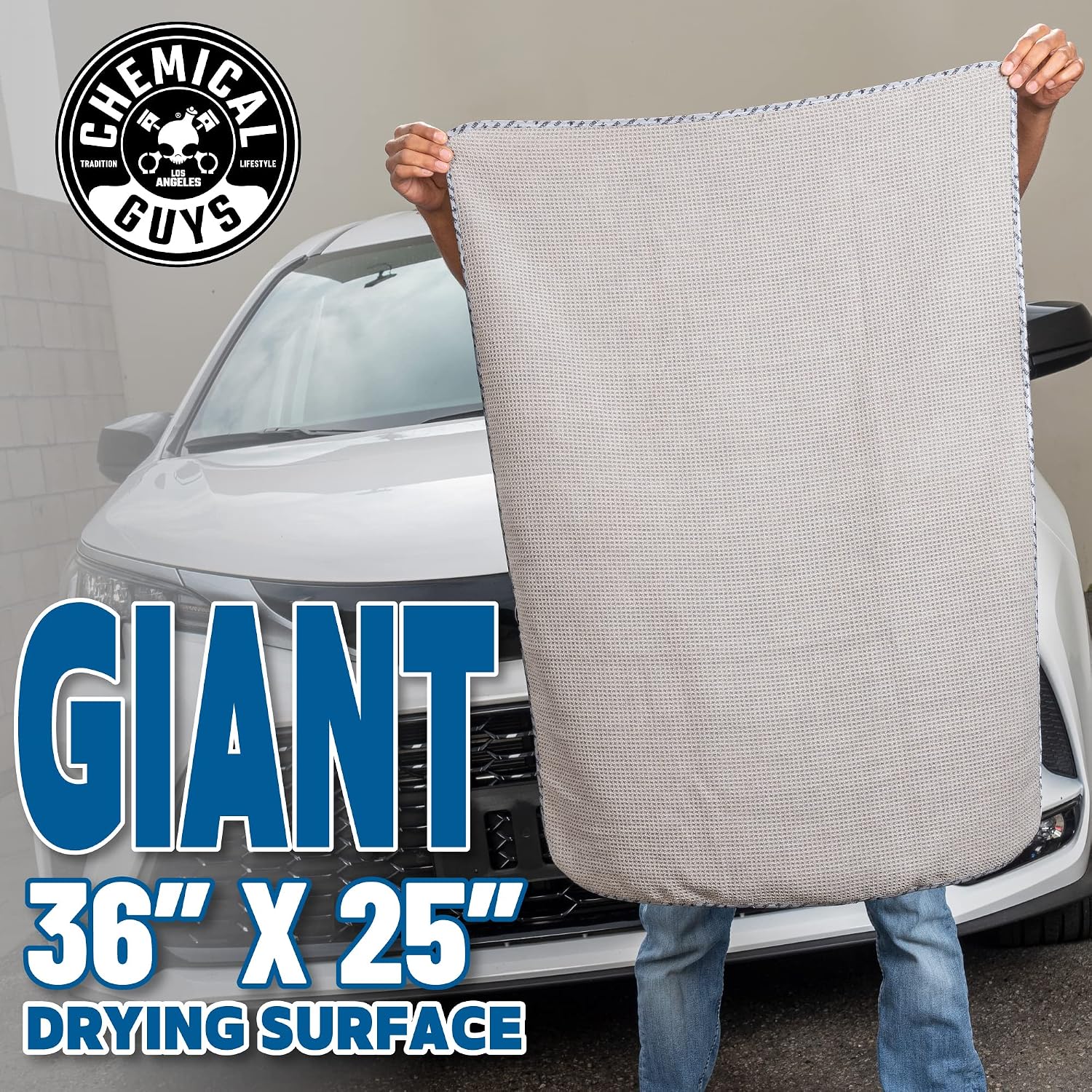 Chemical Guys, Waffle Weave Gray Matter Microfiber Drying Towel, 25 x 36 in | Waffle-weave towel with soft-banded edges soaks up sheeting water for a fast, scratch-free dry on paint and glass. - Image 3