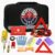 Roadside Car Emergency Kit – First Aid Set, Jumper Cables, Tow Strap, LED Flash Light, Rain Coat, Tire Pressure Gauge, Safety Vest and More (Black)